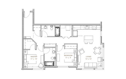 Floor plan for 2 beds, 2 baths, 1069 sqft